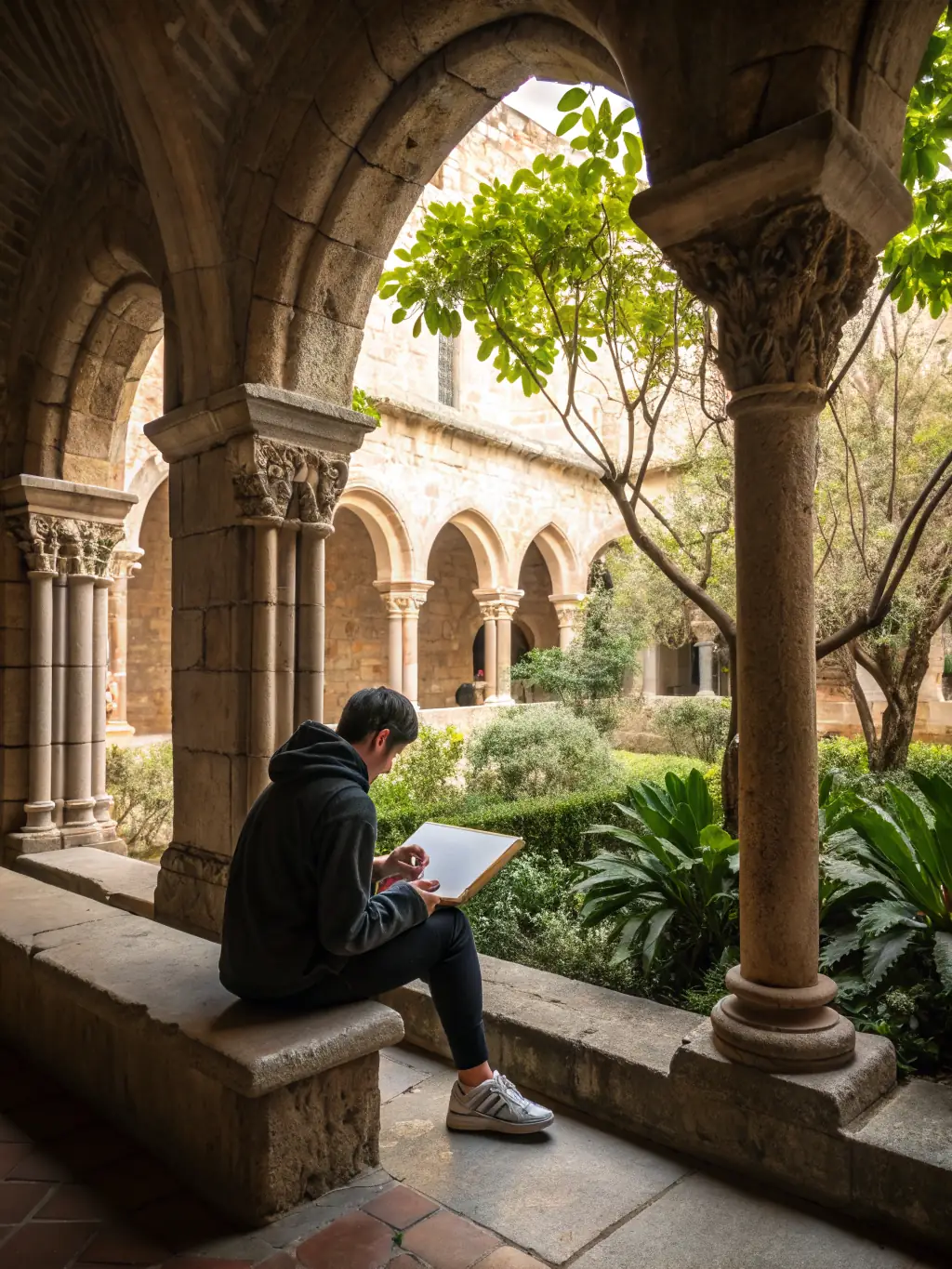 A photograph capturing a group of participants sketching architectural details during an educational workshop on traditional Provençal building techniques, set in a sunlit courtyard of a historic building.