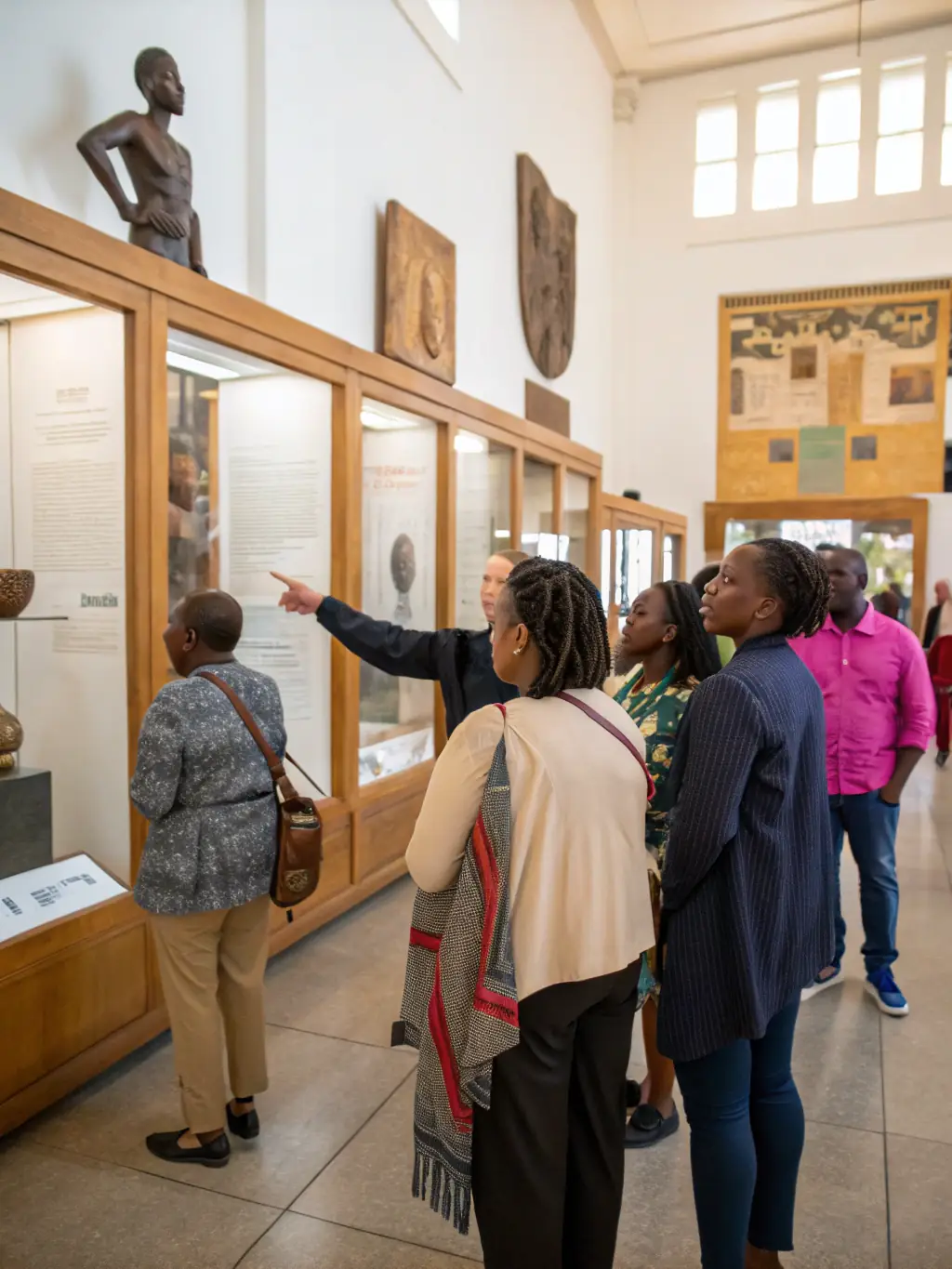 A photograph of an exhibition showcasing historical photographs and artifacts related to Provençal heritage, with community members engaging with the displays.