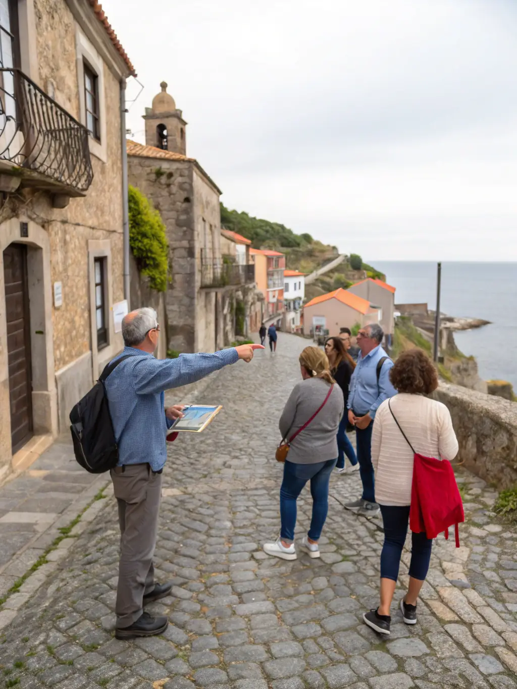 A photograph showing a guided tour group listening attentively to a guide in front of a beautifully restored historic home in Provence, with vineyards visible in the background.