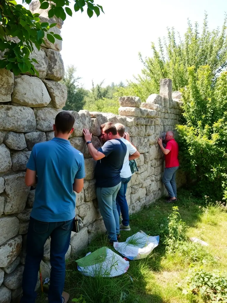 A photograph depicting volunteers working on the restoration of a traditional stone wall, showcasing the hands-on preservation efforts of VIEILLES DEMEURES PROVENCALES.